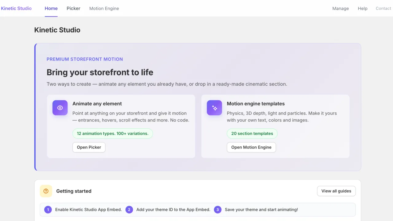 Kinetic Studio home screen offering the Picker and Motion Engine templates