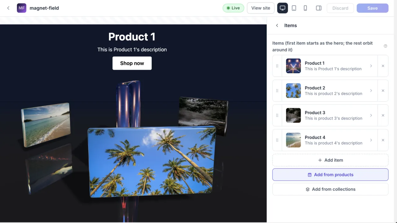The Magnet Field template editor with products orbiting a hero item