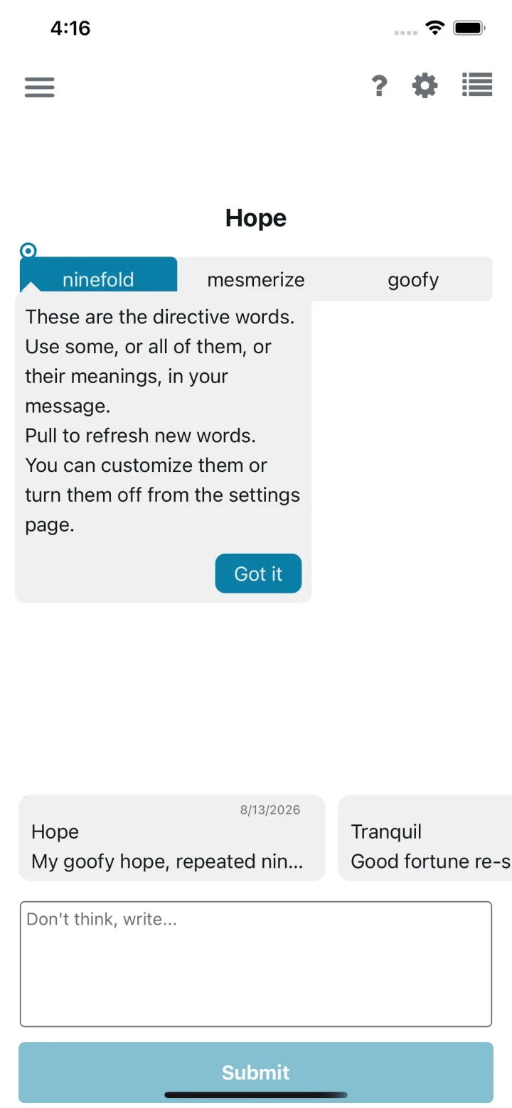 NoteOut home screen explaining the directive words under the Hope tag