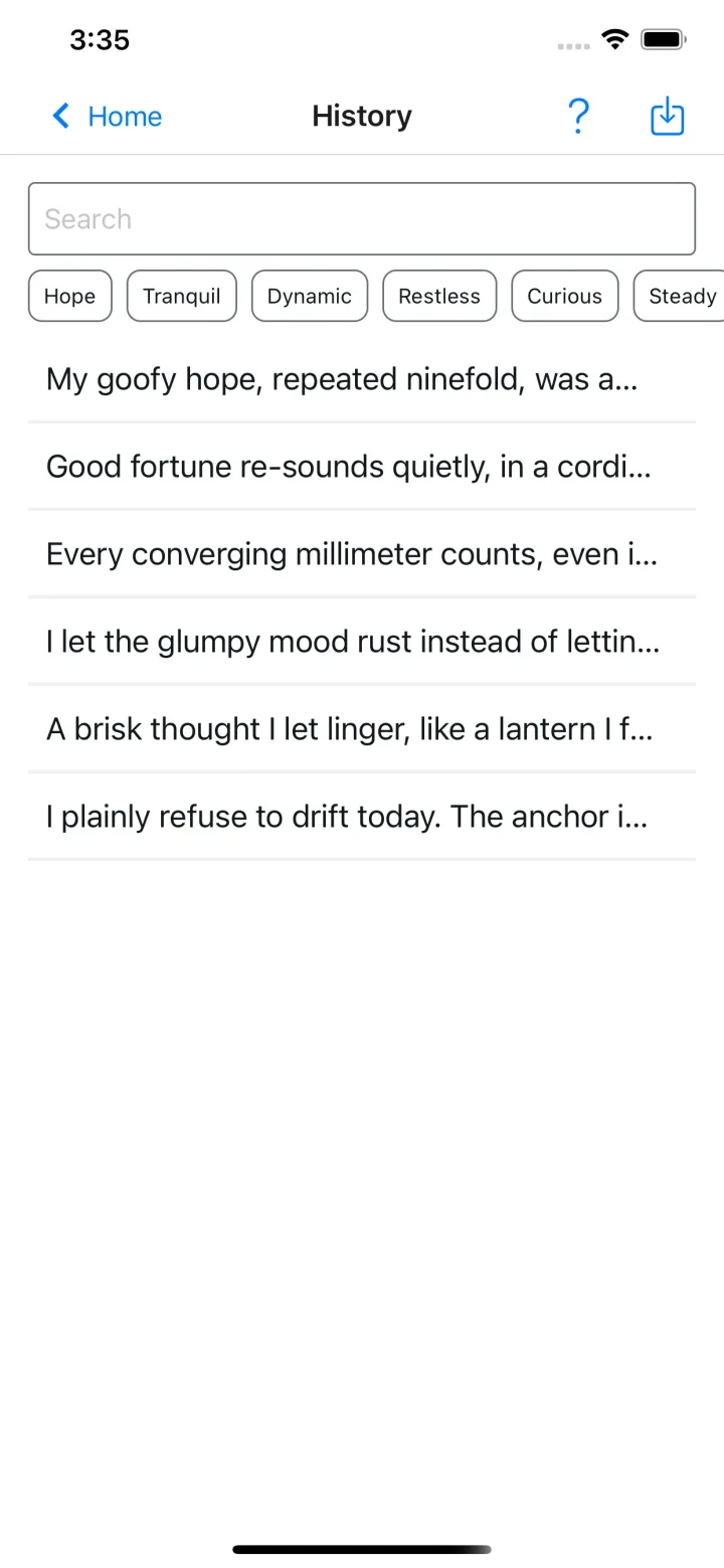 NoteOut history screen listing past sentences with tag filters and search